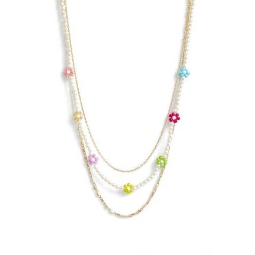 BP. Women's Daisy Beaded Layered Necklace Set In Gold White Multi